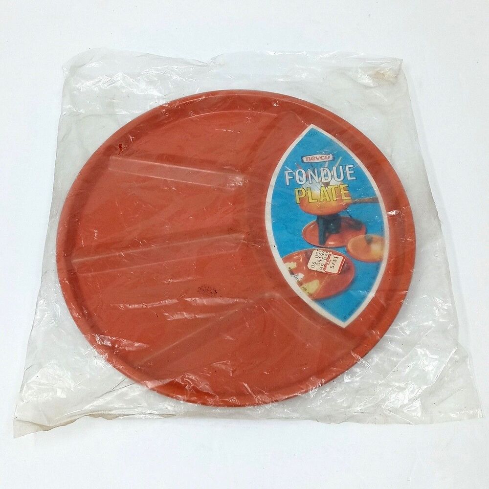 NEW Vintage 70s Nevco MCM Fondue Plates Divided Enamel 9.25" Orange & Green Set - Picture 8 of 9